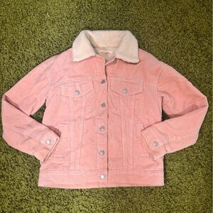 Coral pink faux sheepskin lined corduroy jacket